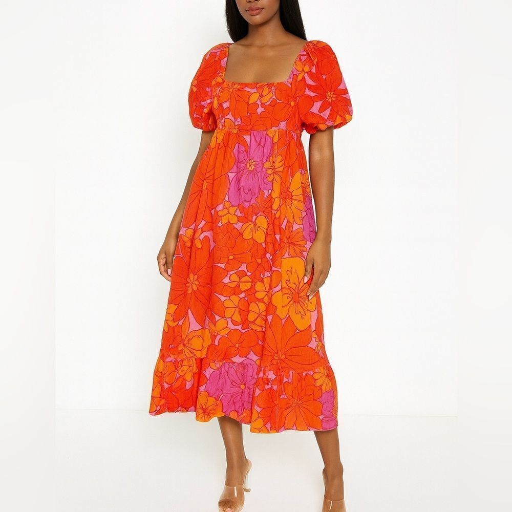 J. Marie Floral Puff Sleeve Square Neck Midi Dress Orange Pink Size Small